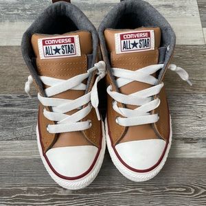 Converse high top sneaker, Brand New, size 1 kids. Tan leather look.